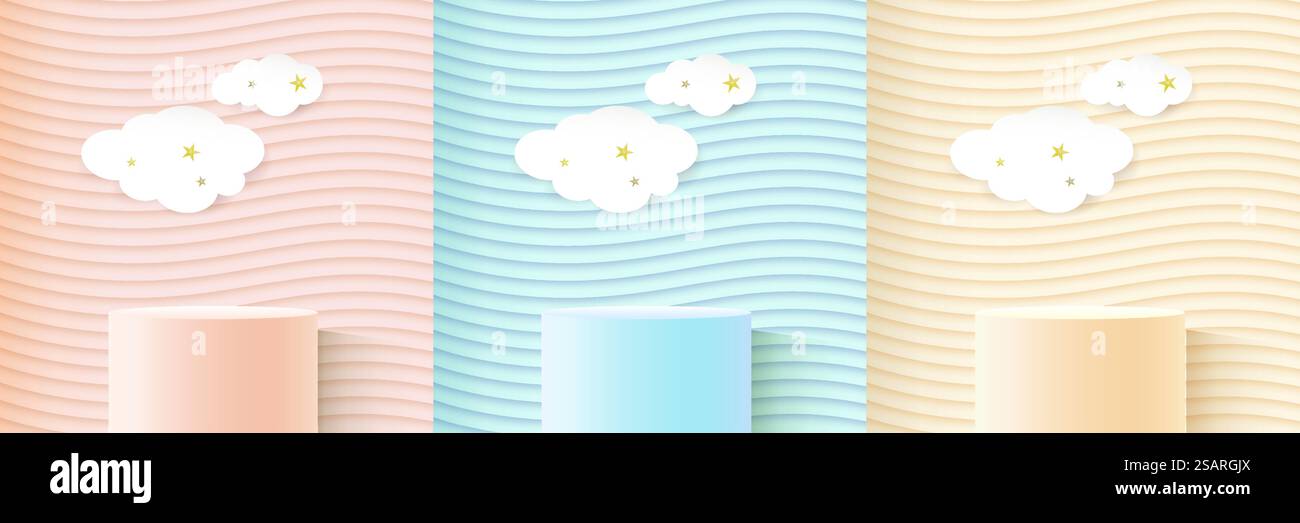 Set of pastel realistic 3D cylinder stand or podium with colorful ...