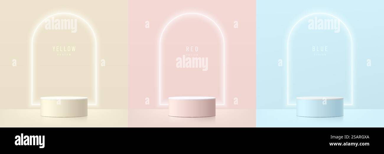 Set of abstract 3D room with beige, blue, pink realistic cylinder ...