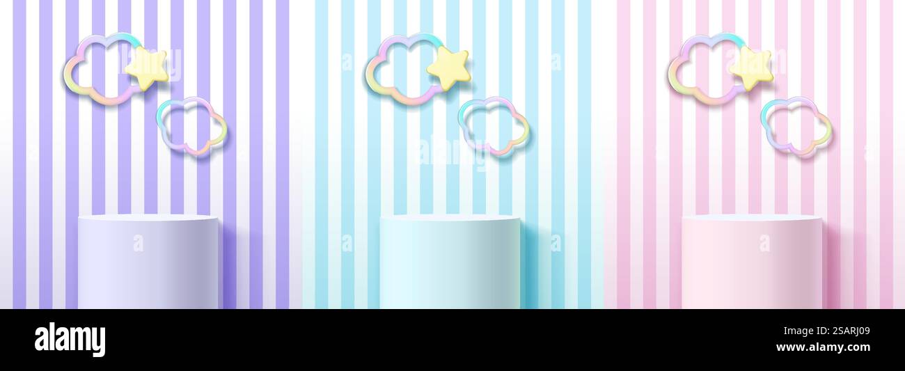 Set of pastel realistic 3D cylinder stand or podium with colorful ...