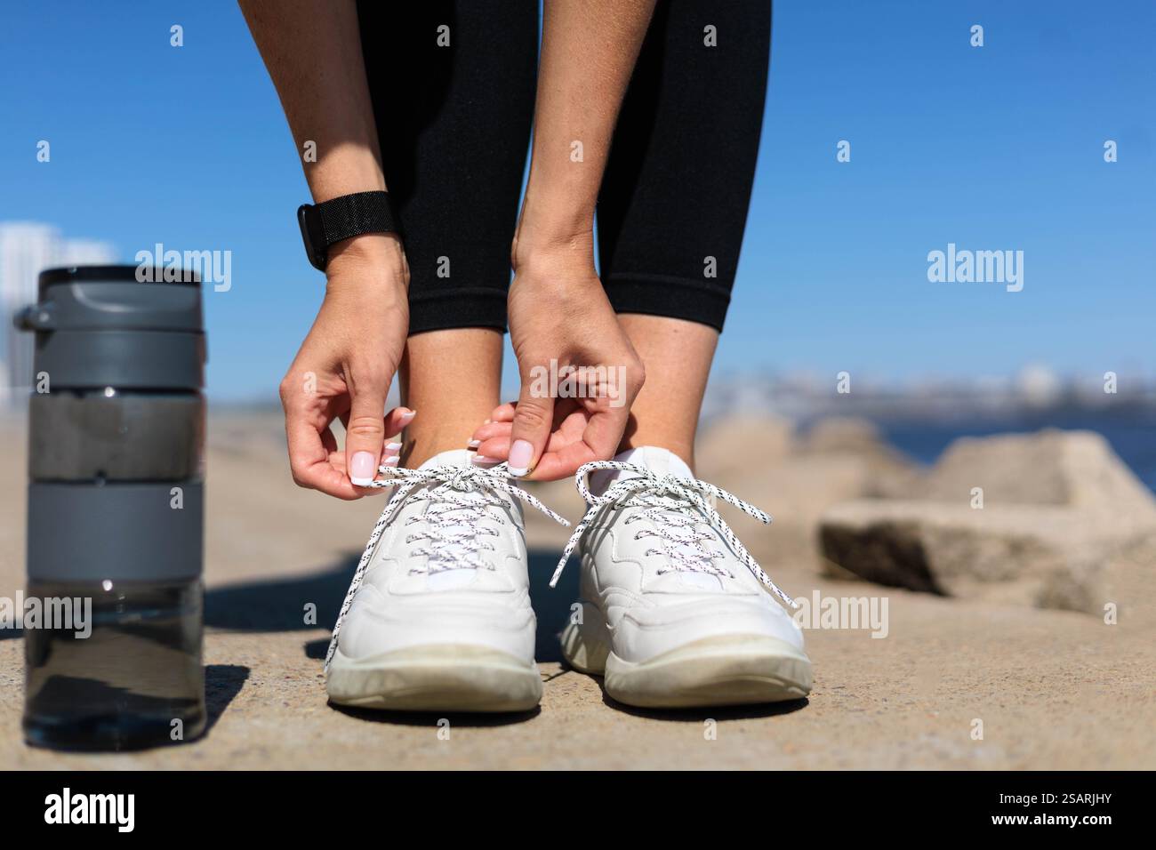 Better Shoelace Tying Habits For Outdoor Risks Reference: Woman Runner Jogger Hands Tying Shoelace On Sneakers Enjoy Outdoor