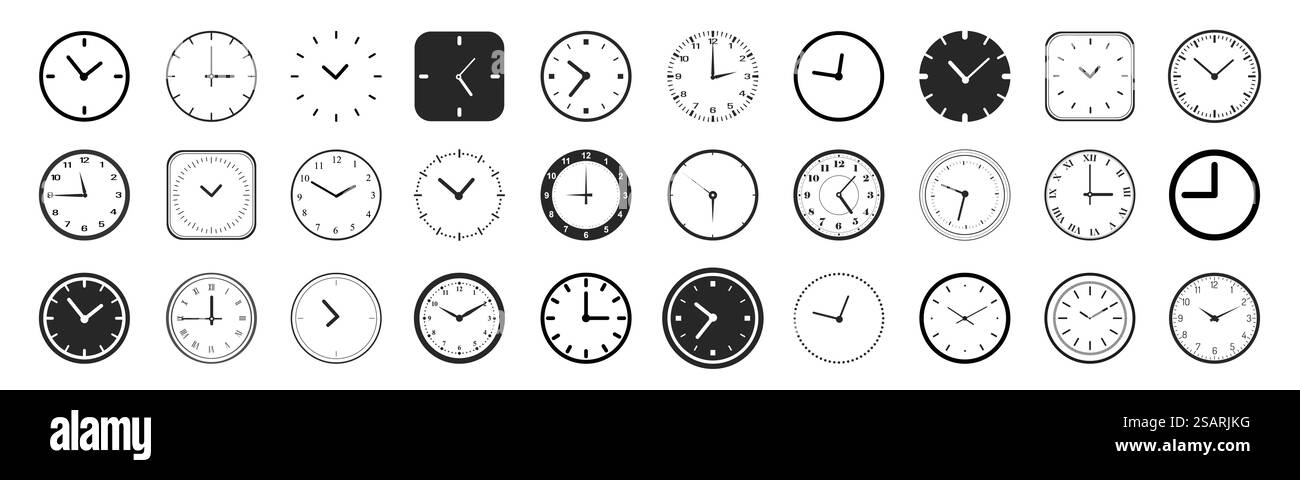Clock icon set. Vector Time and Clock symbol collection. Black silhouettes in flat style. Vector illustration Stock Vector