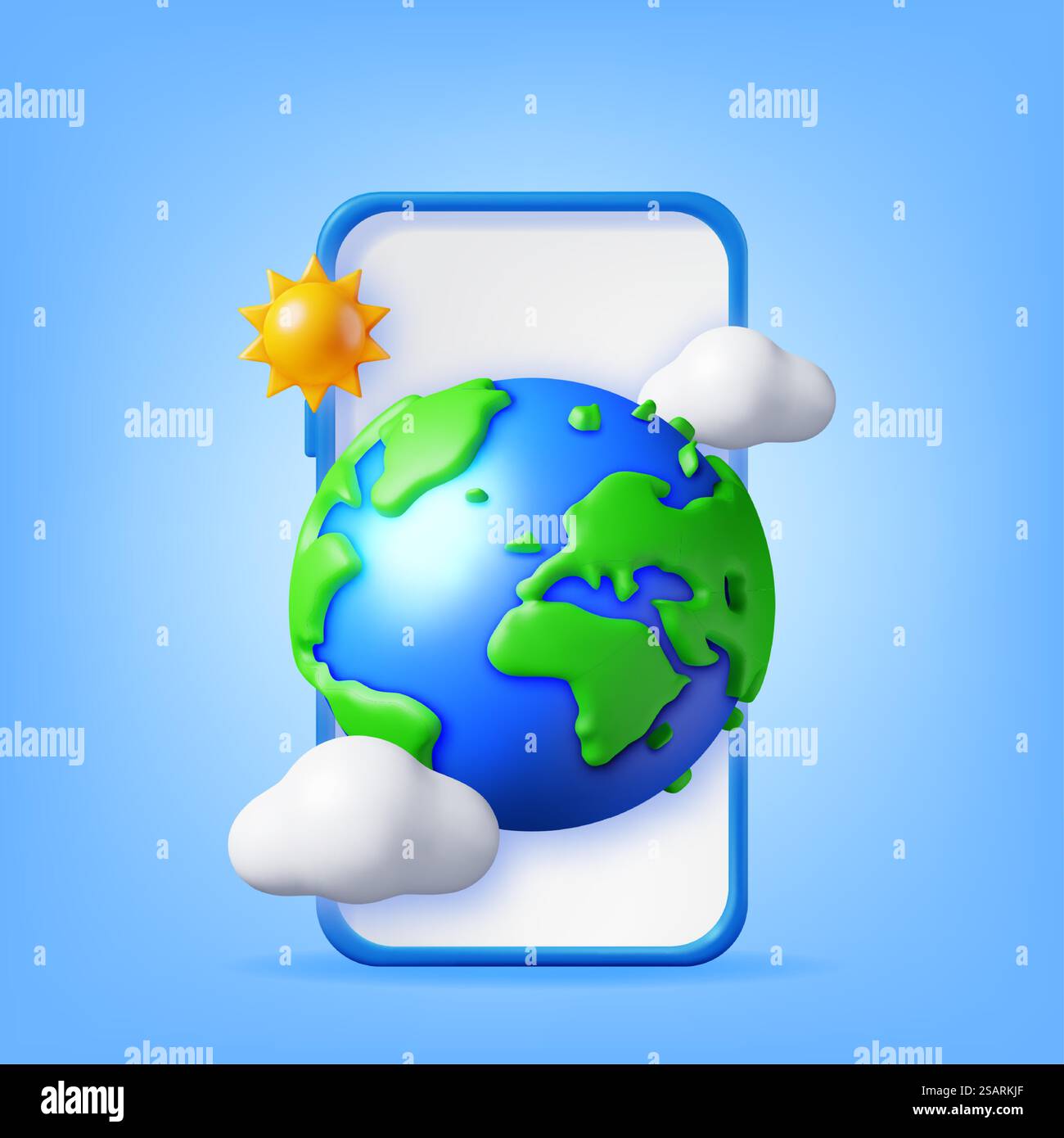 3d Smartphone with Globe or Earth, Sun and Clouds. Render Mobile Phone and Planet Earth on Screen. Weather, Booking, Transportation, Traveling. Cartography and Geography Earth Day. Vector Illustration. 3d Smartphone with Globe or Earth, Sun and Clouds Stock Vector