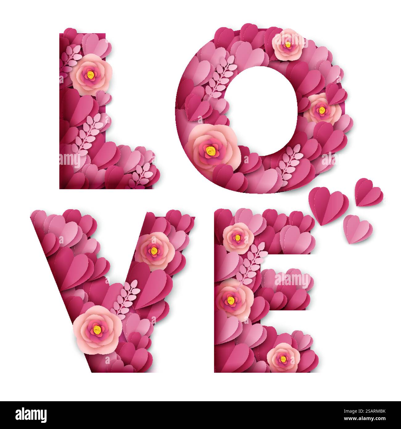 Love word made of beautiful paper cut pink flowers and hearts. Wedding invitation, Valentines Day greeting card design. Vector illustration in paper art style. Floral Love typography banner template.. Love word made of beautiful paper cut pink flowers and hearts, vector illustration. Love typography banner template. Stock Vector
