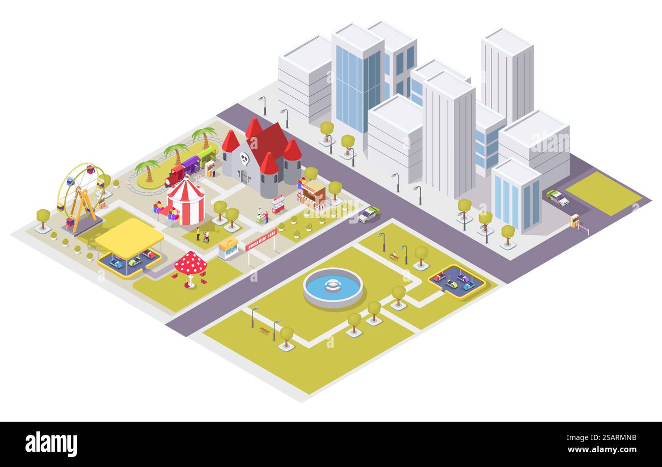 Vector flat isometric city with amusement attractions and public park ...