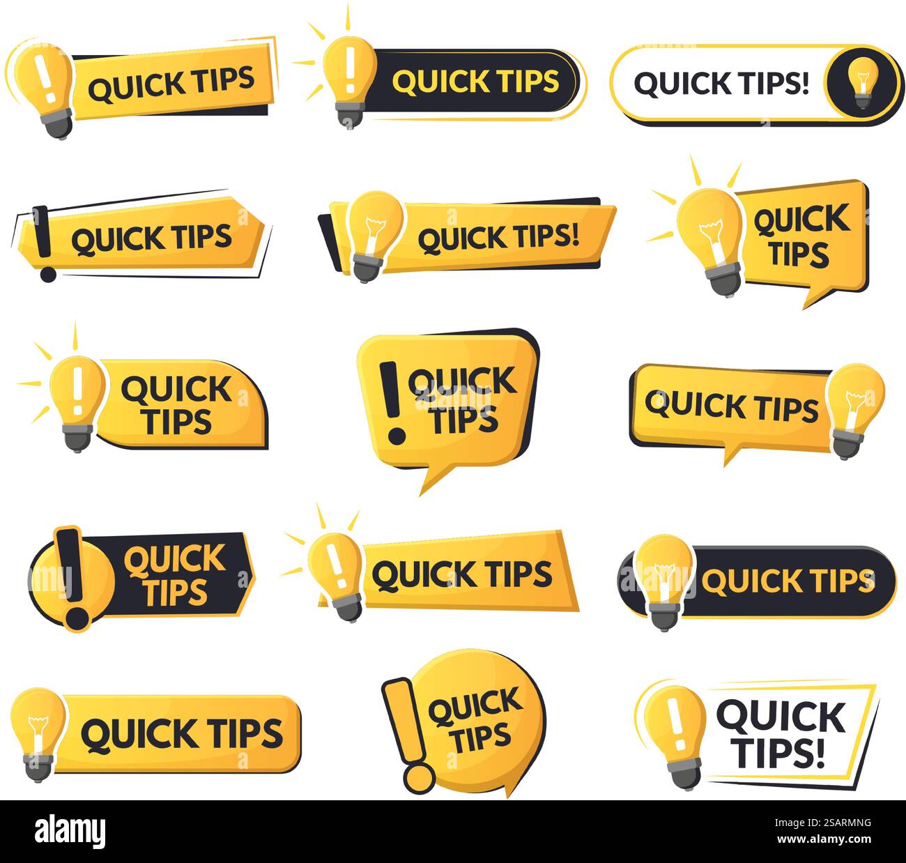 Quick tips helpful emblems, problem solution or advice speech bubbles. Tricks and helpful suggestions abstract vector symbols set. Quick tips trick logos. Light bulb, exclamation mark reminder. Quick tips helpful emblems, problem solution or advice speech bubbles. Tricks and helpful suggestions abstract vector symbols set. Quick tips trick logos Stock Vector