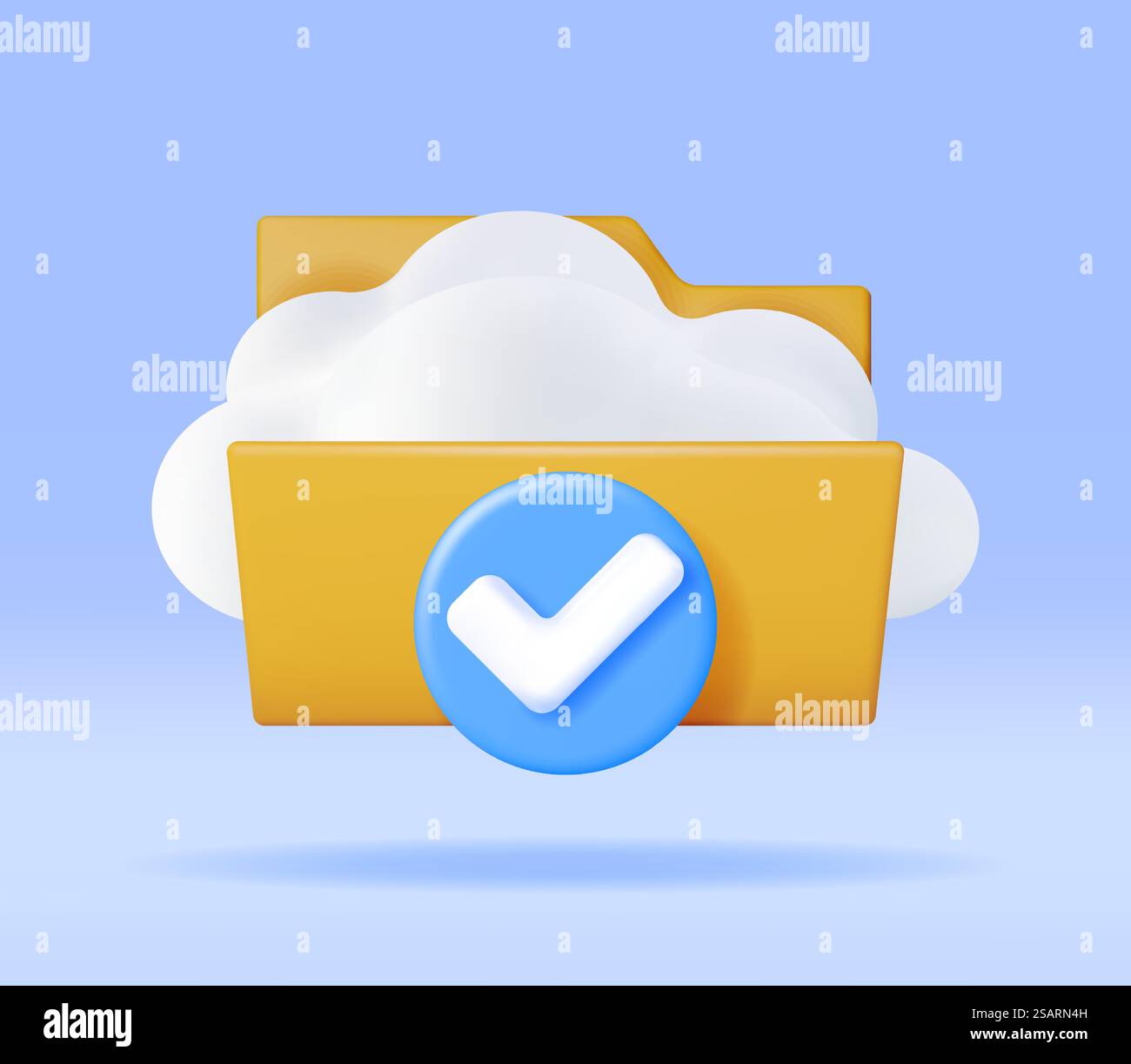 3D Cloud in Folder with Checkmark Icon Isolated. Render Computer File Folder with Synchronization Cloud. Data Center, Cloud Storage Concept. Online Backup. Internet Archive. Vector Illustration. 3D Cloud in Folder with Checkmark Stock Vector