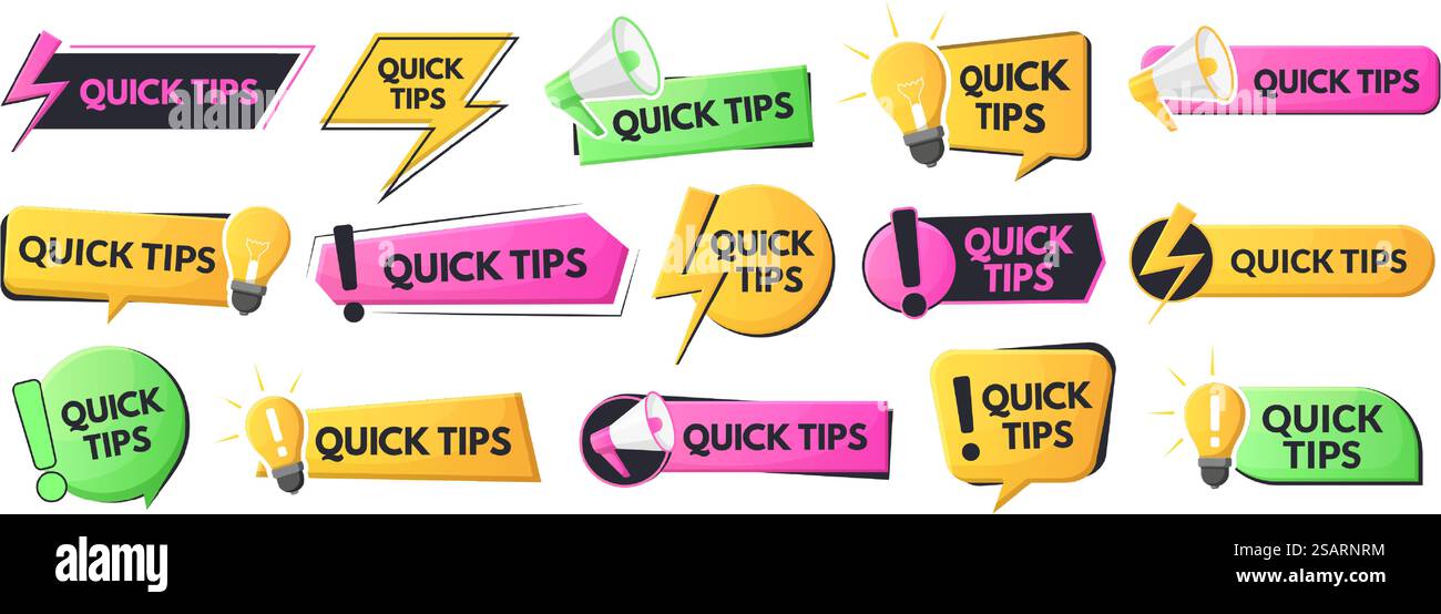 Quick tips, tricks and solutions logos, helpful advice emblems. Useful idea, problem solution and suggestions logos vector illustration set. Helpful tricks speech bubbles. Announcement with info. Quick tips, tricks and solutions logos, helpful advice emblems. Useful idea, problem solution and suggestions logos vector illustration set. Helpful tricks speech bubbles Stock Vector