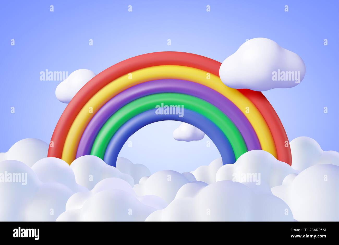 3d Cartoon Rainbow with Clouds Background. Render Minimal Rainbow in Cloud Art Element. Plastic Children Toy. Realistic Kids Decoration. Vector illustration.. 3d Cartoon Rainbow with Clouds Stock Vector