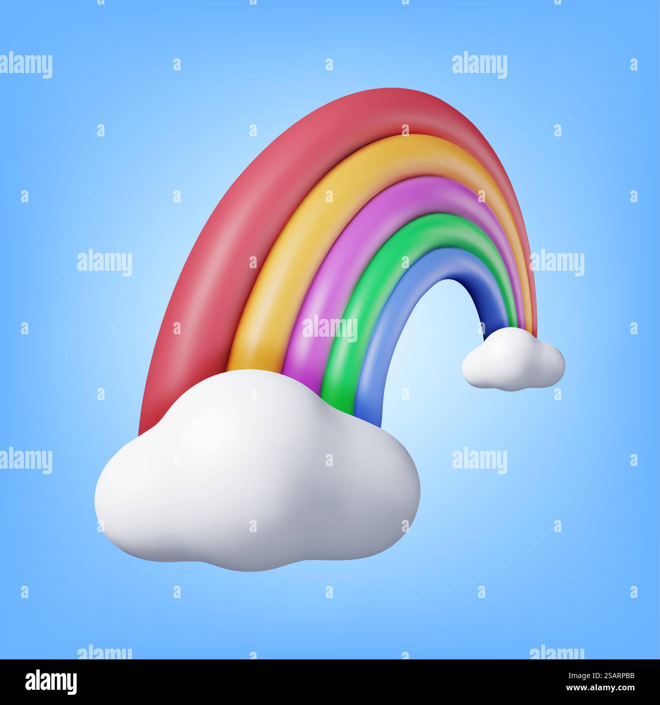 3d Cartoon Rainbow with Clouds Isolated. Render Minimal Rainbow in Cloud Art Element. Plastic Children Toy. Realistic Kids Decoration. Vector illustration.. 3d Cartoon Rainbow with Clouds Stock Vector