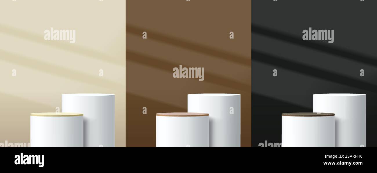 Set of abstract 3D room with realistic cylinder stand or podium. beige ...