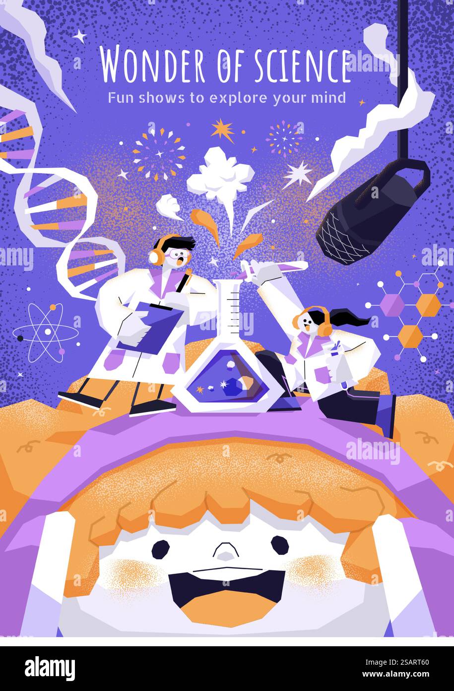 Podcast show illustration of scientists doing fun experiment on cute child&rsquo;s head. Wonder of science podcast show web poster.. Wonder of science podcast show Stock Vector