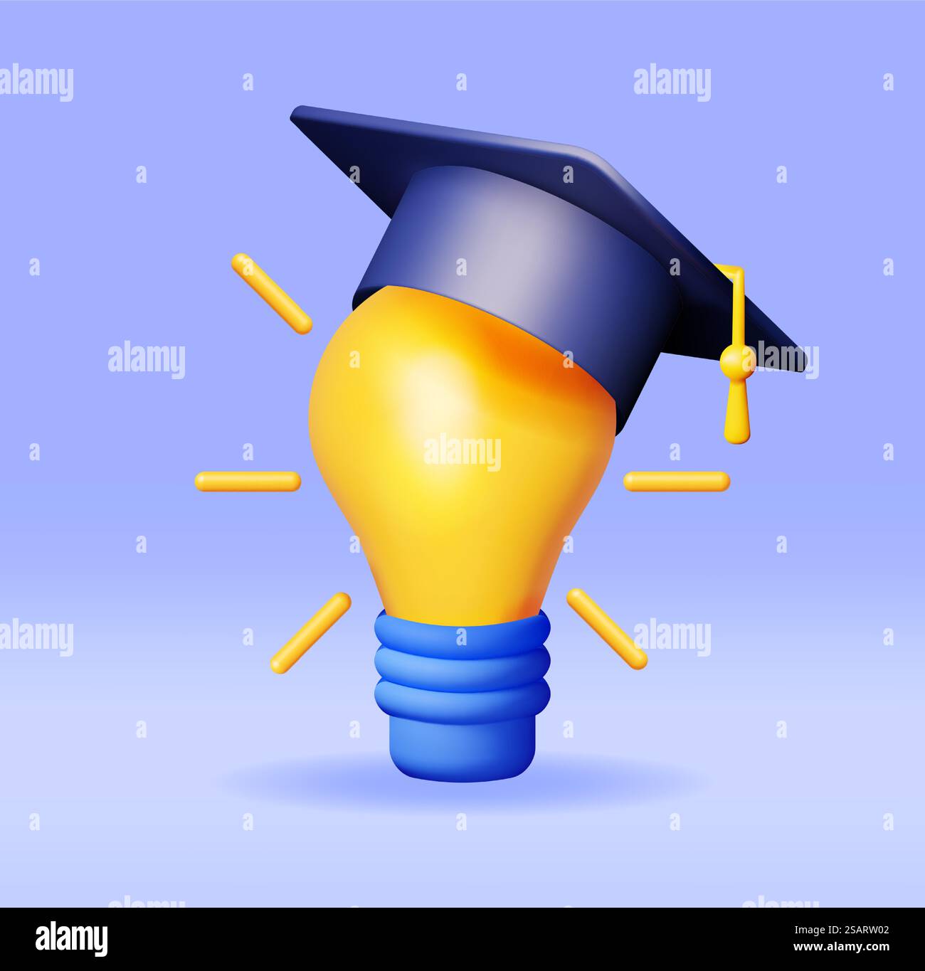 Graduation Bulbe 3D Light Idea Bulb with Graduation Cap Isolated. Render Cartoon Yellow ...