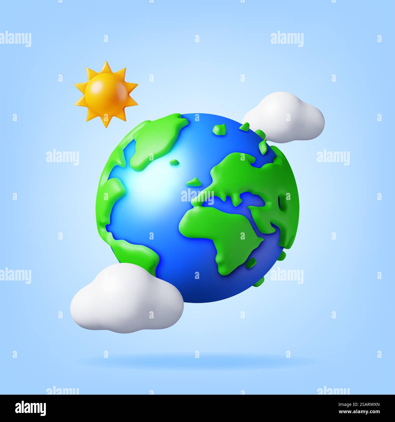 3D Cartoon Planet Earth in Clouds with Sun. Render World Map Silhouette. Planet Icon. Cartography and Geography. Earth Day, Save Green Planet, Environment Conservation Concept. Vector Illustration. 3D Cartoon Planet Earth in Clouds with Sun Stock Vector