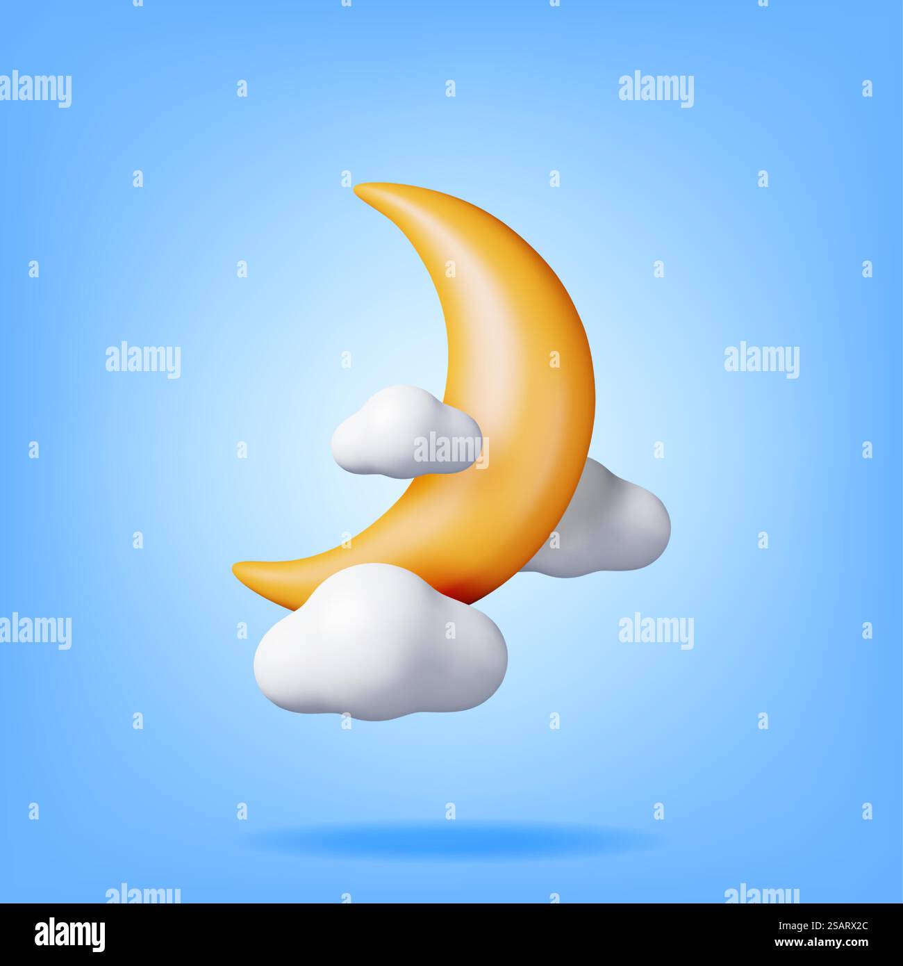 3D Gold Crescent Moon in Clouds. Render Yellow Moon Balloon and Cloud Party Event Decoration. Wedding, Birthday Celebration. Islamic Ramadan, Muslim Anniversary. Cartoon Vector Illustration. 3D Gold Crescent Moon in Clouds Stock Vector