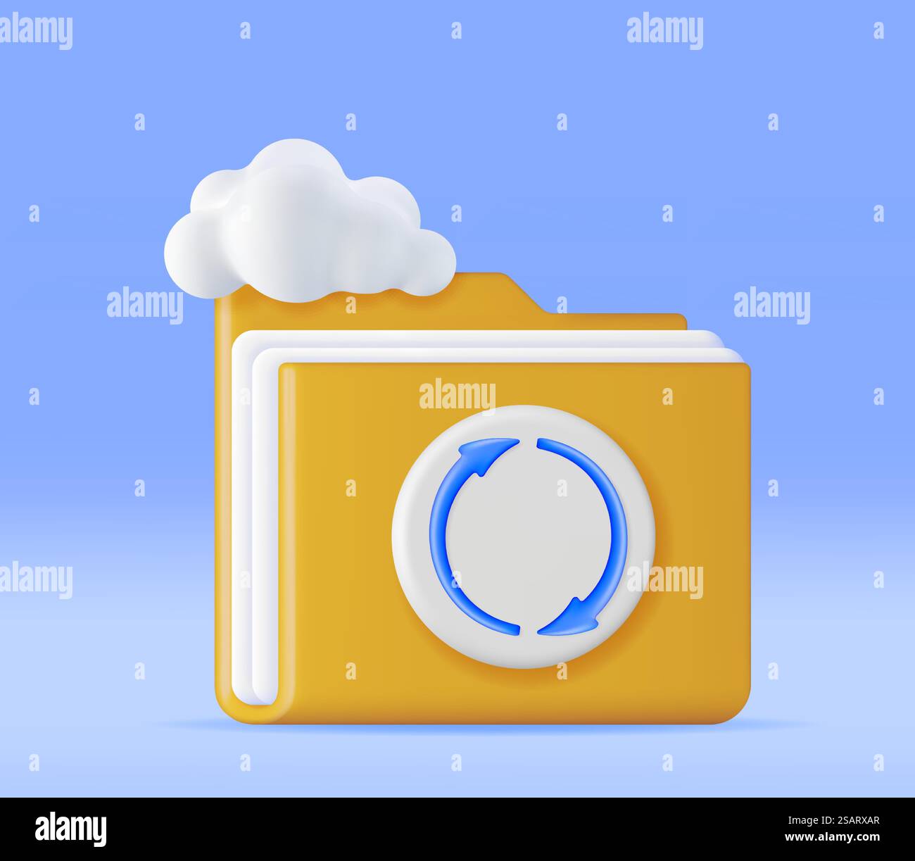 3D Folder in Clouds with File Sync Icon Isolated. Render Computer File Folder with Synchronization Cloud. Data Center, Cloud Storage Concept. Online Backup. Internet Archive. Vector Illustration. 3D Folder in Clouds with File Sync Icon Stock Vector