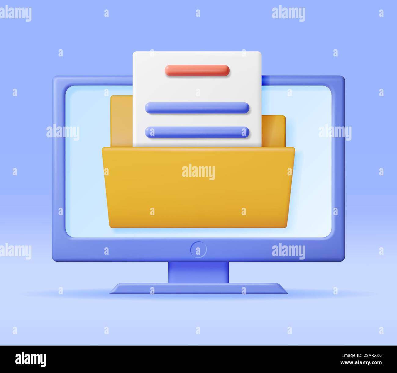 3D Business Folder Full of Papers on Computer. Render Yellow Folder for Correspondence, Concept of File Transfer, Document Migration, Remote Access to Encrypted Documents. Vector Illustration. 3D Business Folder Full of Papers on Computer Stock Vector