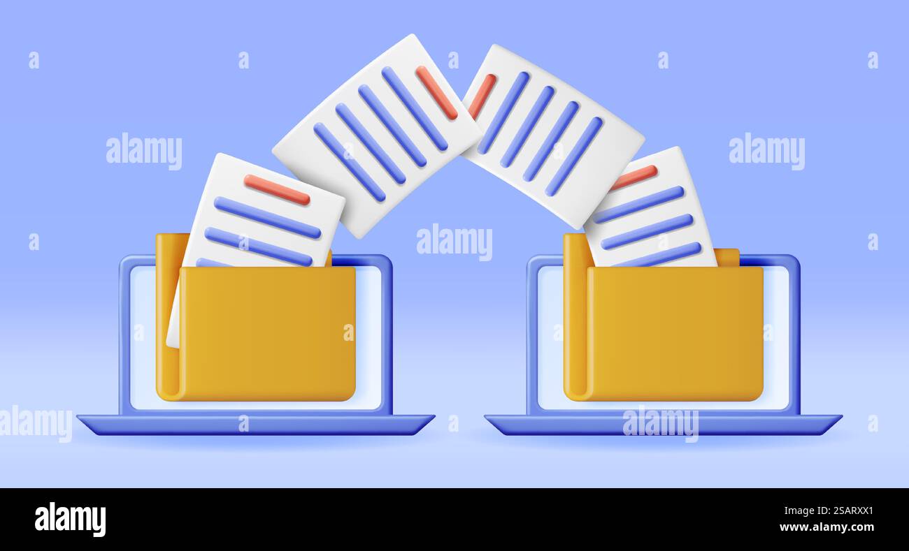 3D Business Folder Full of Papers on Laptop. Render Yellow Folder for Correspondence, Concept of File Transfer, Document Migration, Remote Access to Encrypted Documents. Vector Illustration. 3D Business Folder Full of Papers on Laptop Stock Vector