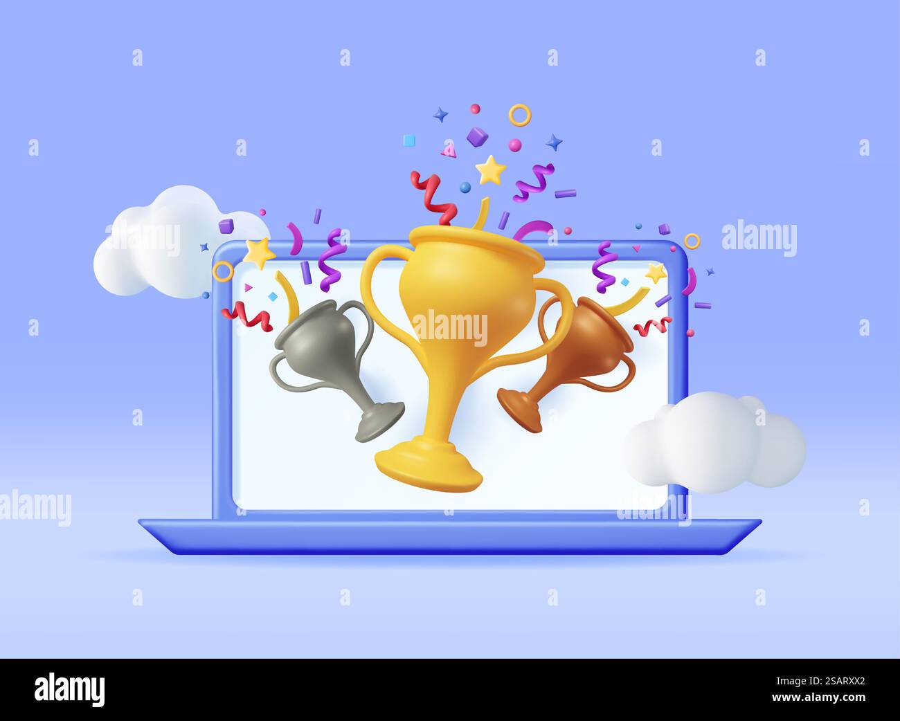 3D Winner Laptop with Gold Trophy and Confetti. Render Computer with ...