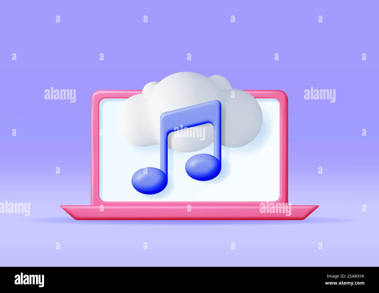 3D Music Cloud Note in Laptop. Render Computer Streaming Music Platform Icon. Modern Music Service Symbol. Note Realistic Design. Musical Note, Sound, Song or Noise Sign. Vector illustration. 3D Music Cloud Note in Laptop Stock Vector