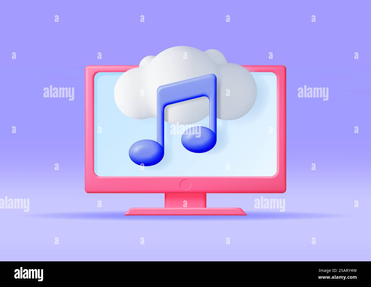 3D Music Cloud Note in Computer. Render Desktop PC Streaming Music Platform Icon. Modern Music Service Symbol. Note Realistic Design. Musical Note, Sound, Song or Noise Sign. Vector illustration. 3D Music Cloud Note in Computer. Stock Vector