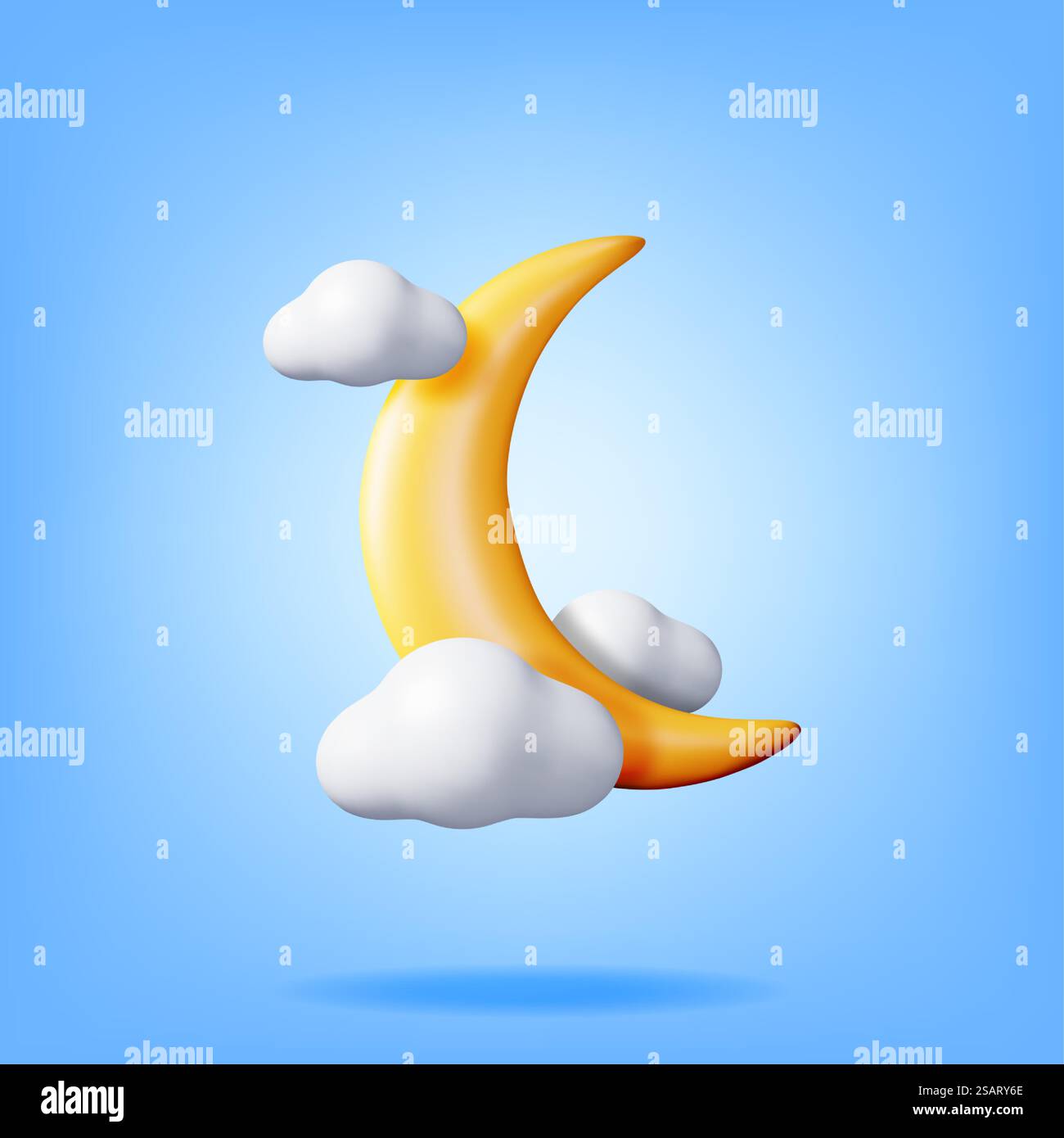 3D Gold Crescent Moon in Clouds. Render Yellow Moon Balloon and Cloud Party Event Decoration. Wedding, Birthday Celebration. Islamic Ramadan, Muslim Anniversary. Cartoon Vector Illustration. 3D Gold Crescent Moon in Clouds Stock Vector