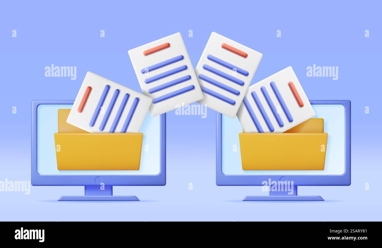 3D Business Folder Full of Papers on Computer. Render Yellow Folder for Correspondence, Concept of File Transfer, Document Migration, Remote Access to Encrypted Documents. Vector Illustration. 3D Business Folder Full of Papers on Computer Stock Vector