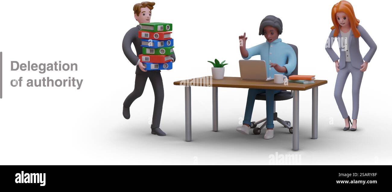 Delegation of authority. Vector composition with 3D characters. Workplace in office. Man runs with stack of folders, woman thinks, guy presses keys on laptop. Delegation of authority. Vector composition with 3D characters. Workplace in office Stock Vector