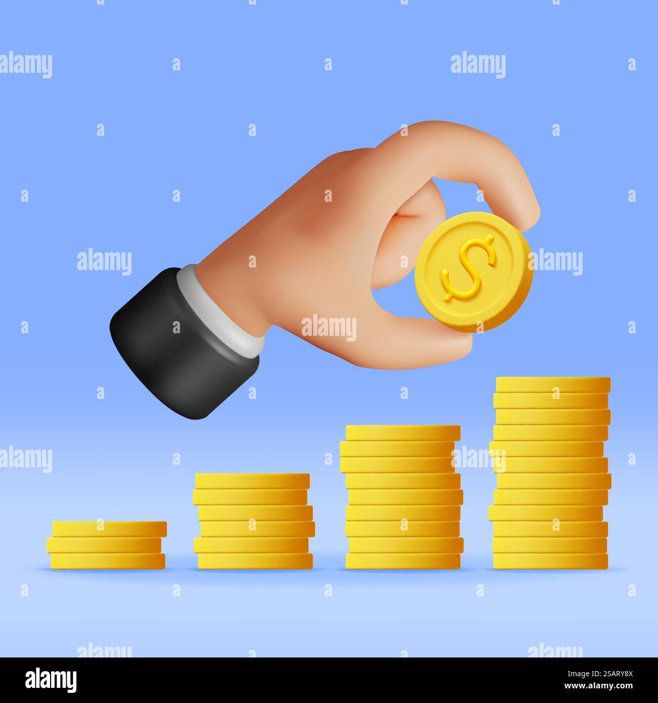 3D Stack of Gold Coins and Hand. Pile of American Dollar Coin in Hand ...