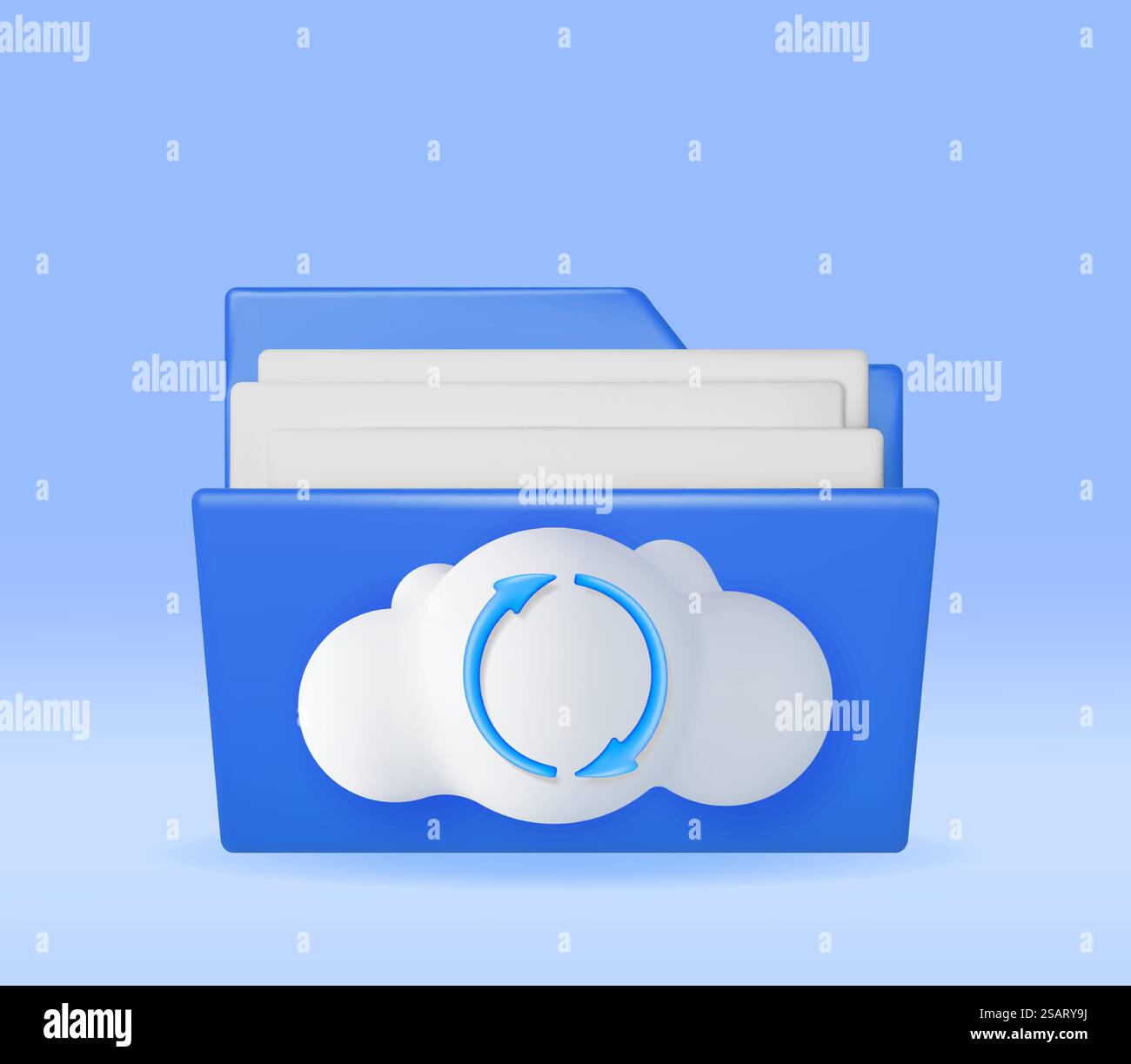 3D Blue Folder in Clouds with File Sync Icon Isolated. Render Computer File Folder with Synchronization Cloud. Data Center, Cloud Storage Concept. Online Backup. Internet Archive. Vector Illustration. 3D Blue Folder in Clouds with File Sync Icon Stock Vector