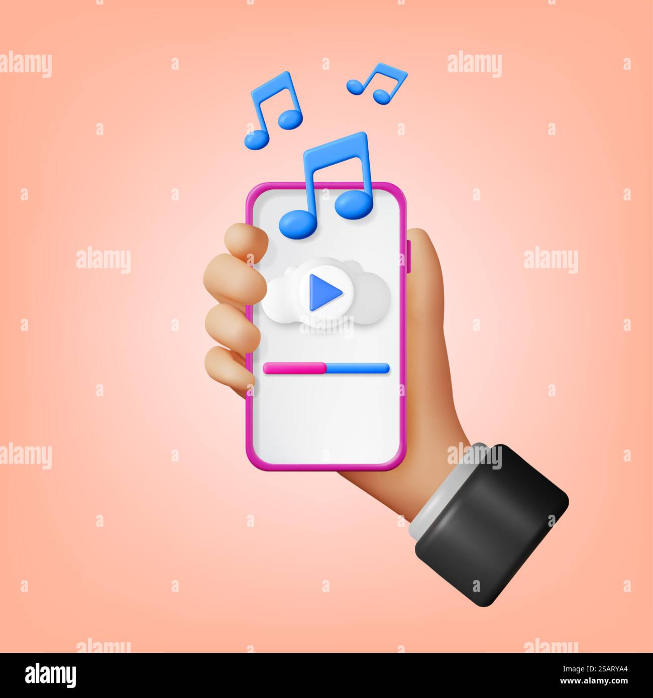3D Hand with Music Cloud Note in Mobile Phone. Render Smartphone Streaming Music Platform Icon. Modern Music Service. Note Realistic Design. Musical Note, Sound Song or Noise Sign. Vector illustration. 3D Hand with Music Cloud Note in Mobile Phone Stock Vector