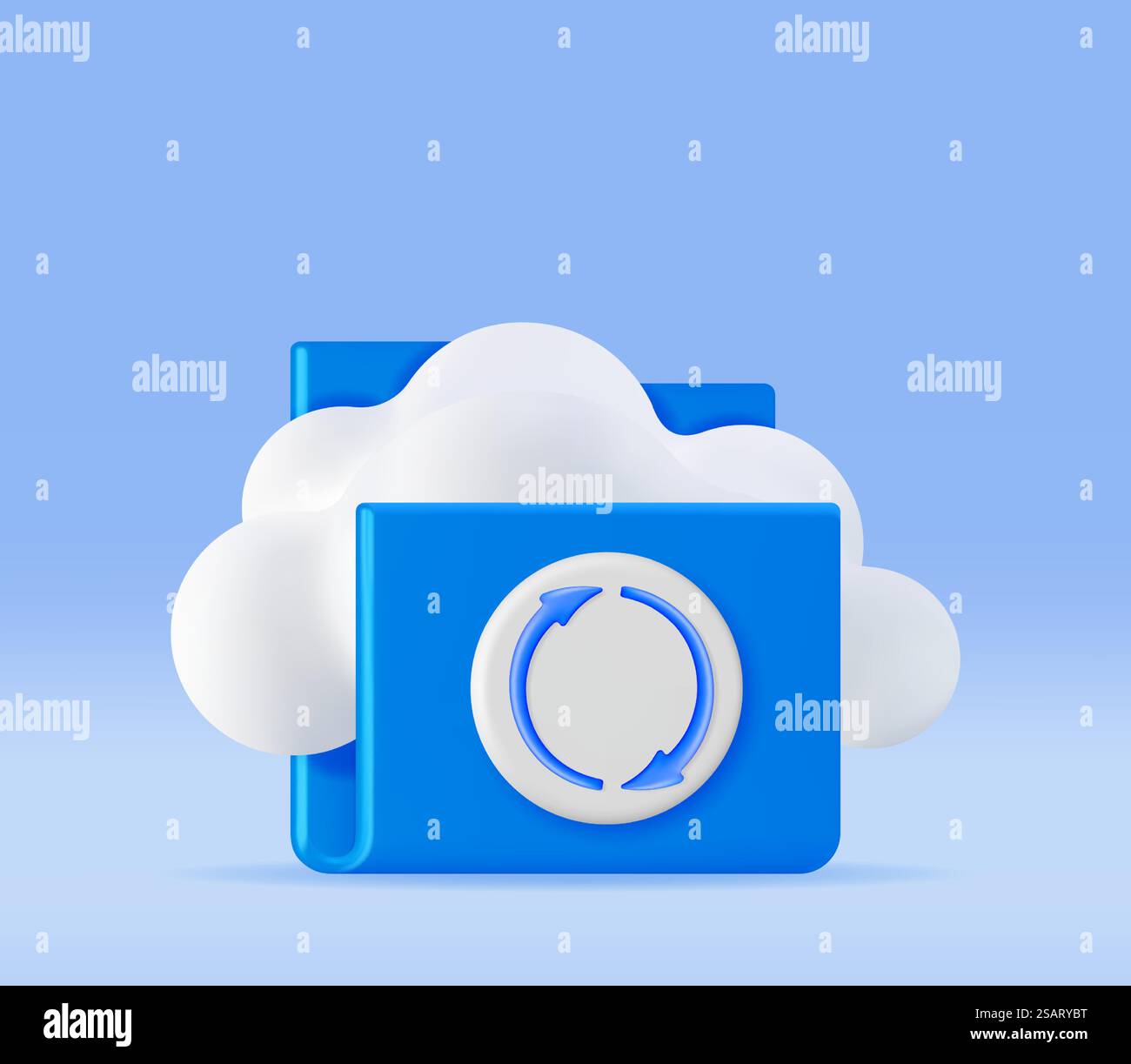 3D Folder in Clouds with File Sync Icon Isolated. Render Computer File Folder with Synchronization Cloud. Data Center, Cloud Storage Concept. Online Backup. Internet Archive. Vector Illustration. 3D Folder in Clouds with File Sync Icon Stock Vector