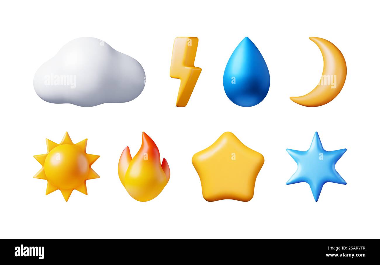 3d Weather Weather Icons Set Isolated. Render Collection Symbols of Nature. Fire, Cloud, Water Drop, Lighning, Sun, Moon, Star and Snowflake. Realistic Vector Illustration. 3d Weather Weather Icons Set Stock Vector