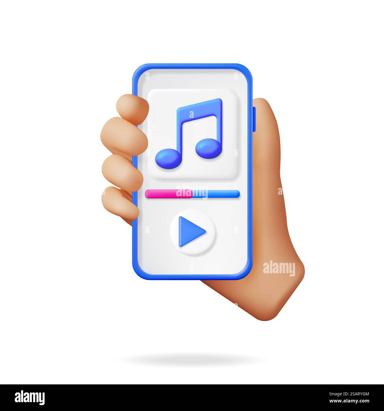 3D Hand with Music Cloud Note in Mobile Phone. Render Smartphone Streaming Music Platform Icon. Modern Music Service. Note Realistic Design. Musical Note, Sound Song or Noise Sign. Vector illustration. 3D Hand with Music Cloud Note in Mobile Phone Stock Vector