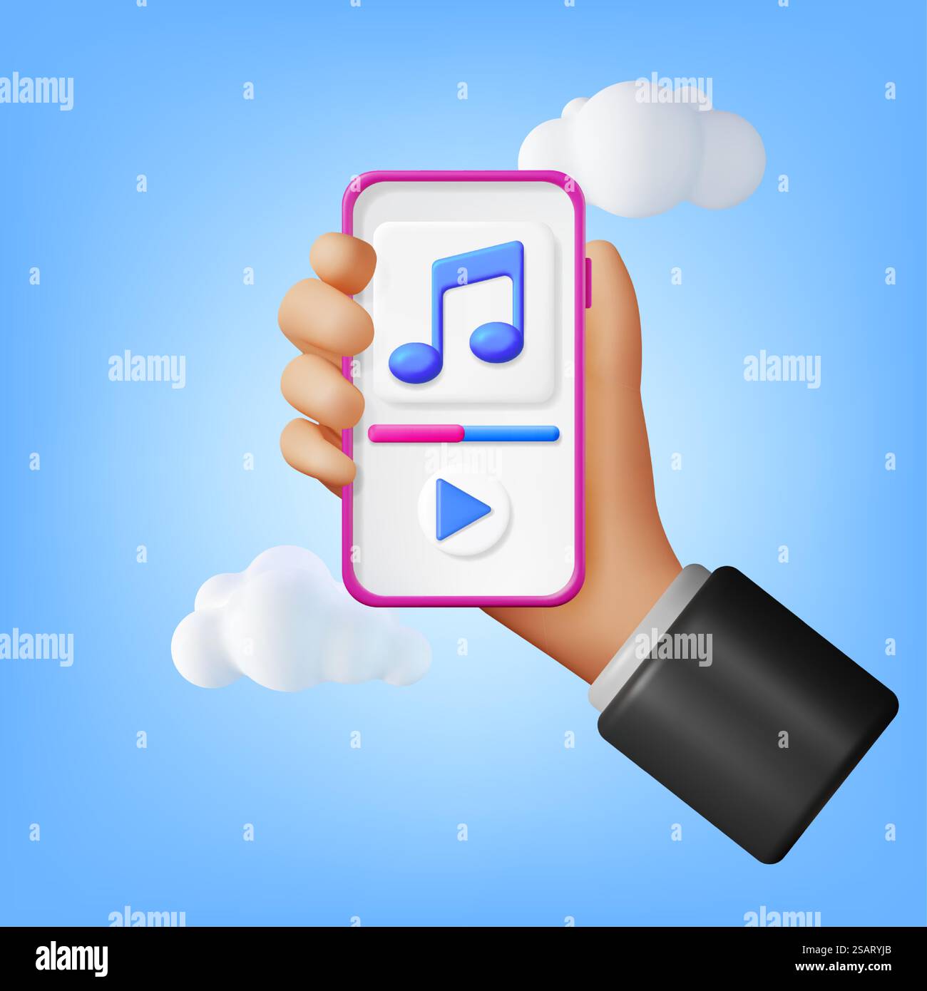 3D Hand with Music Cloud Note in Mobile Phone. Render Smartphone Streaming Music Platform Icon. Modern Music Service. Note Realistic Design. Musical Note, Sound Song or Noise Sign. Vector illustration. 3D Hand with Music Cloud Note in Mobile Phone Stock Vector