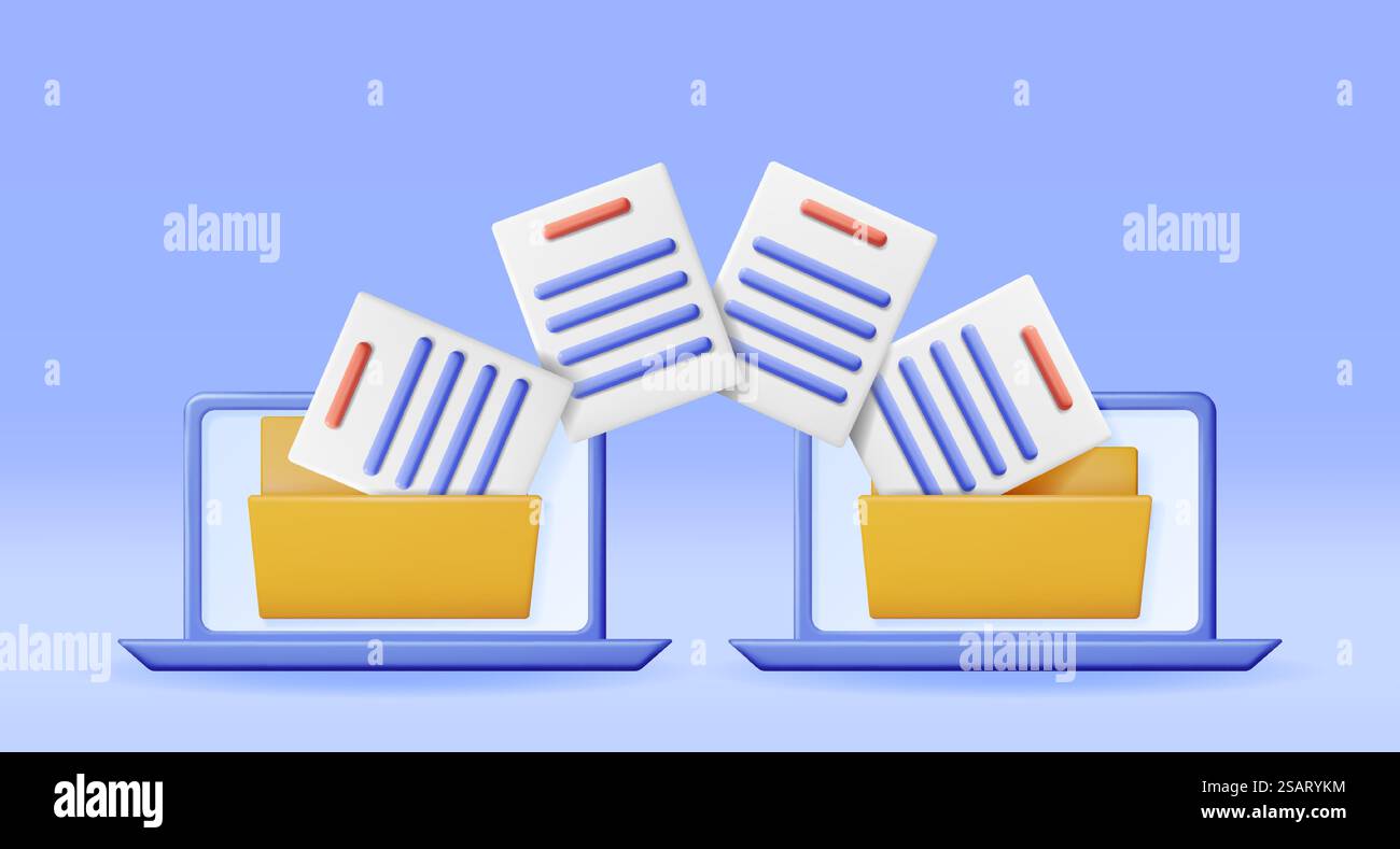 3D Business Folder Full of Papers on Laptop. Render Yellow Folder for Correspondence, Concept of File Transfer, Document Migration, Remote Access to Encrypted Documents. Vector Illustration. 3D Business Folder Full of Papers on Laptop Stock Vector