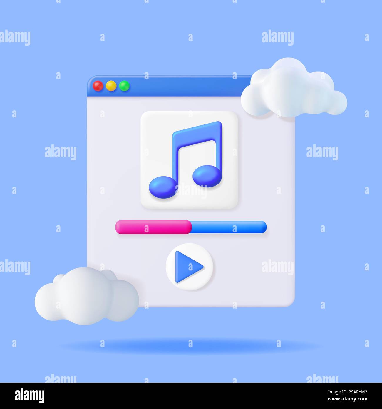 3D Music Note in Cloud in Browser Window. Render Streaming Music Platform Icon. Modern Music Cloud Service Symbol. Note Realistic Design. Musical Note, Sound, Song or Noise Sign. Vector illustration. 3D Music Note in Cloud in Browser Window Stock Vector