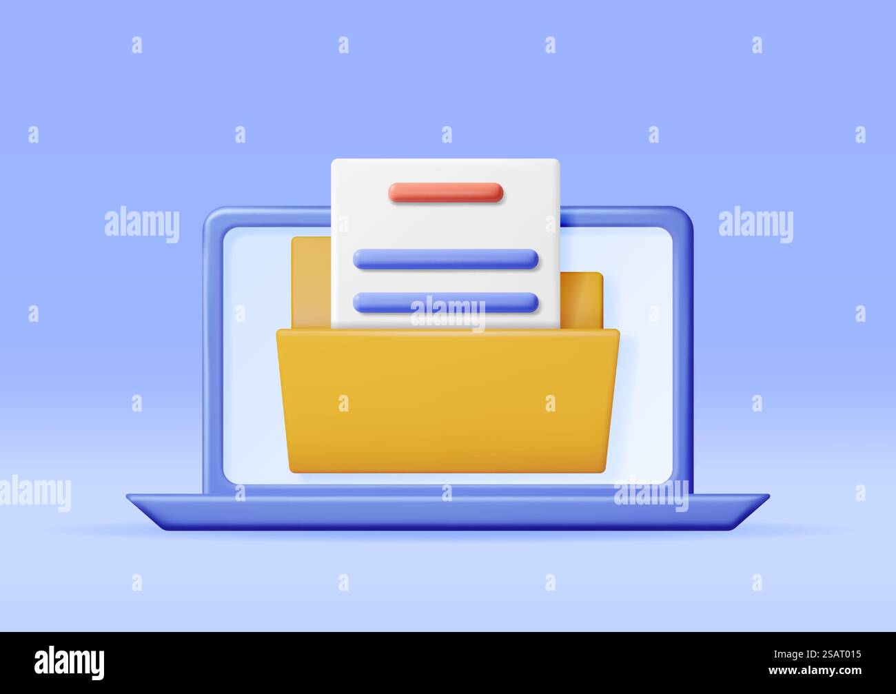 3D Business Folder Full of Papers on Laptop. Render Yellow Folder for Correspondence, Concept of File Transfer, Document Migration, Remote Access to Encrypted Documents. Vector Illustration. 3D Business Folder Full of Papers on Laptop Stock Vector