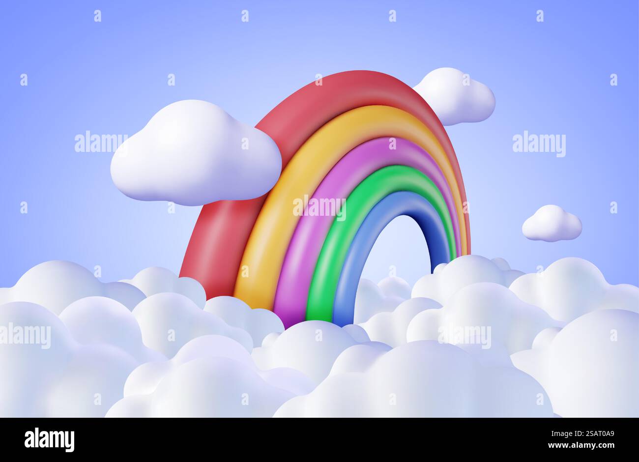 3d Cartoon Rainbow with Clouds Background. Render Minimal Rainbow in Cloud Art Element. Plastic Children Toy. Realistic Kids Decoration. Vector illustration.. 3d Cartoon Rainbow with Clouds Stock Vector