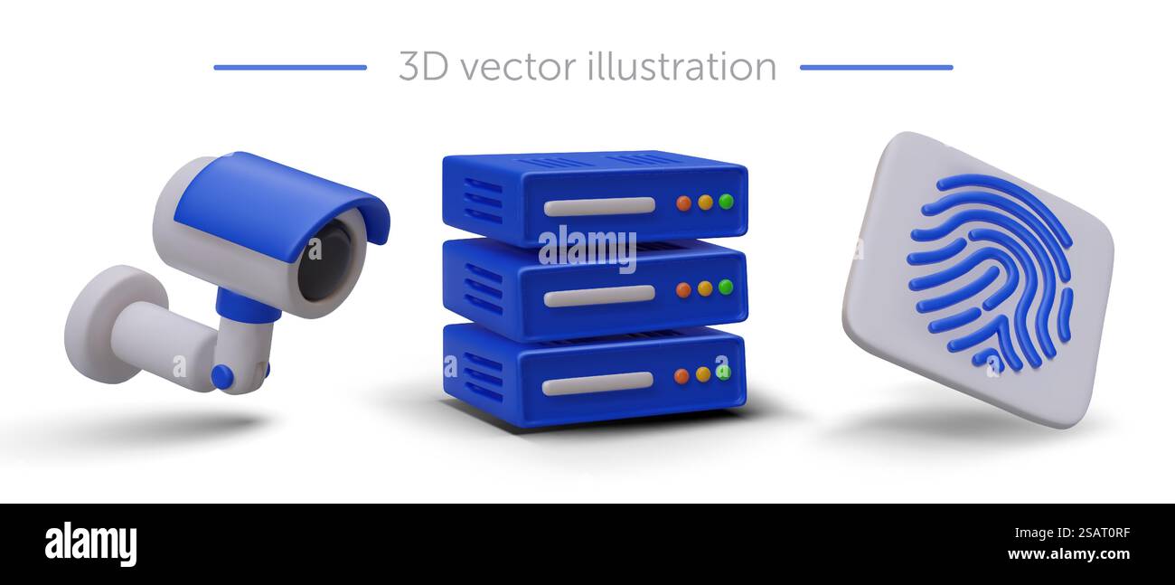 3D surveillance camera, server, fingerprint. Personal access to archive, password. Digital security system. Control of user activity. Set of blue vector icons. 3D surveillance camera, server, fingerprint. Personal access to archive Stock Vector