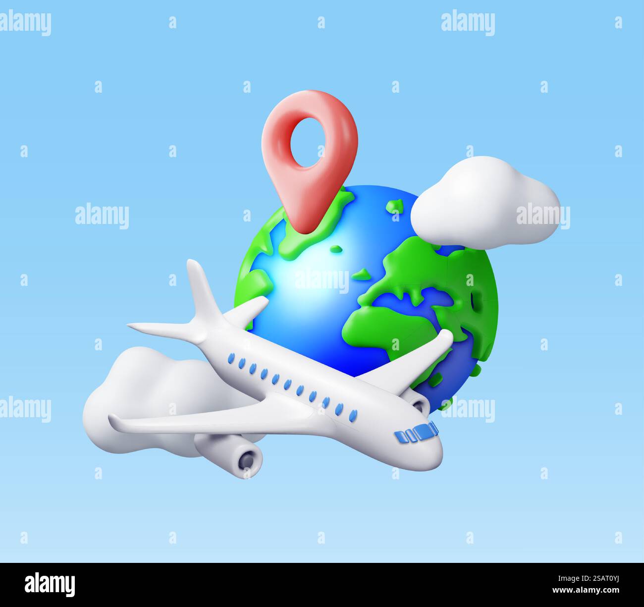 3D Airplane in Clouds and Globe Isolated. Render World Travelling by Plane. World Map with Location Pin. Time to Travel Concept, Holiday Planning. Tourist Worldwide Transportation. Vector Illustration. 3D Airplane in Clouds and Globe Isolated Stock Vector