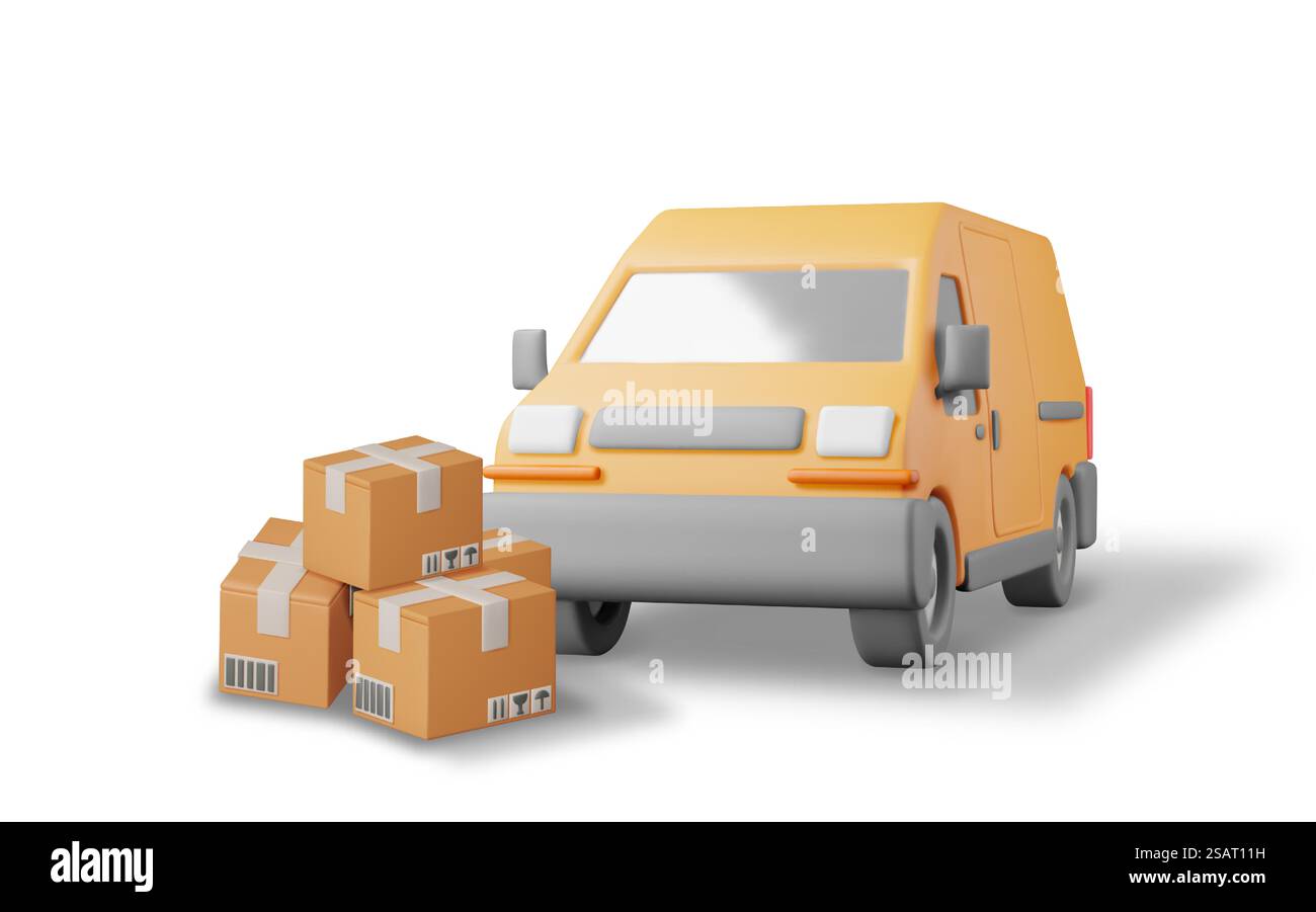 3D Delivery Van full of Cardboard Boxes Isolated. Render Express Delivering Services Commercial Truck. Concept of Fast and Free Delivery by Car. Cargo and Logistic. Realistic Vector Illustration. 3D Delivery Van full of Cardboard Boxes Stock Vector