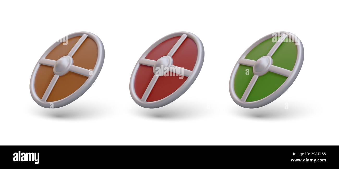 Set of different 3d realistic round shield, equipment for computer game ...