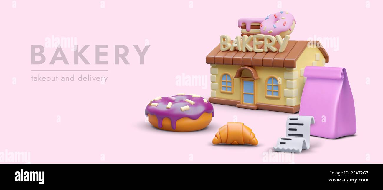 3d model of bakery shop, croissant and donut in realistic style. Order ...