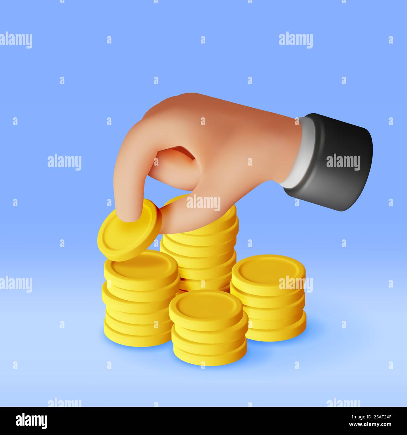 3D Stack of Gold Coins and Hand. Pile of American Dollar Coin in Hand ...