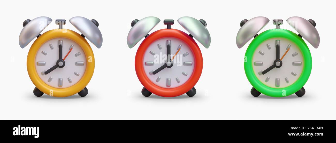 3D stylized vintage alarm clocks in cartoon style, front view. Device ...