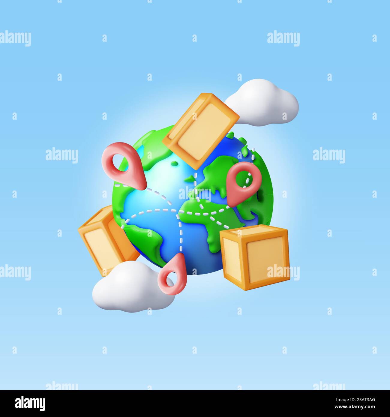 3D Cardboard Boxes Flying Around The World Isolated. Render Cardboard Package with Cover. Express Worldwide Delivery. Carton Delivery Packaging. Transportation and Logistics. Vector Illustration. 3D Cardboard Boxes Flying Around The World Stock Vector