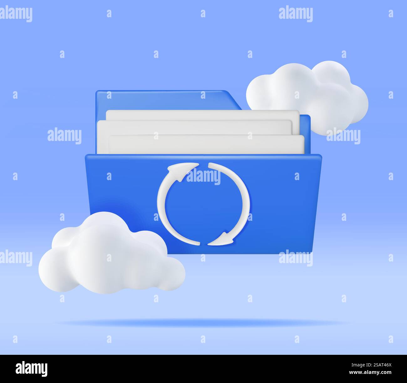 3D Blue Folder in Clouds with File Sync Icon Isolated. Render Computer File Folder with Synchronization Cloud. Data Center, Cloud Storage Concept. Online Backup. Internet Archive. Vector Illustration. 3D Blue Folder in Clouds with File Sync Icon Stock Vector