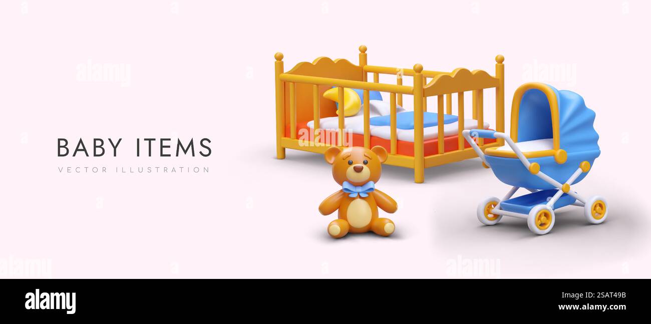 Children items. Horizontal advertising banner for store. Realistic ...