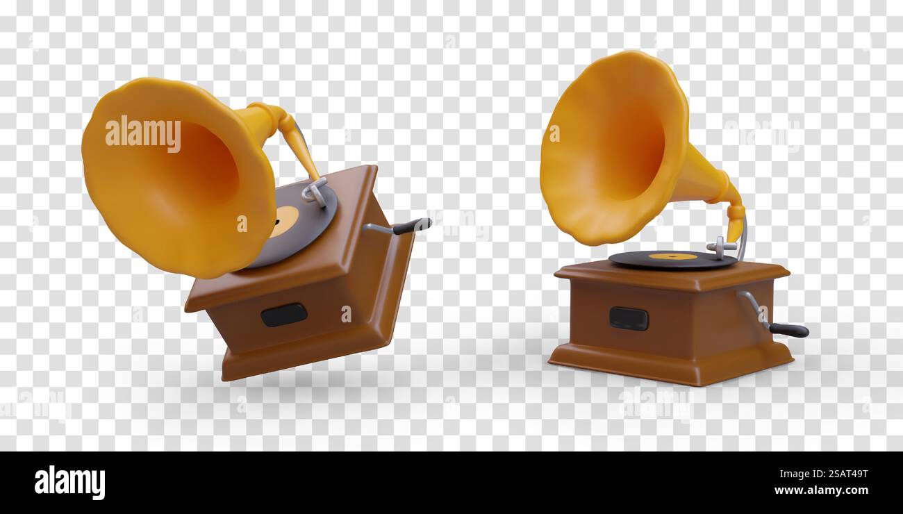 Realistic gramophone. Isolated illustrations in cartoon style. Detailed vector object in different positions. Vintage device for playing music from records. Realistic gramophone. Isolated illustrations in cartoon style Stock Vector