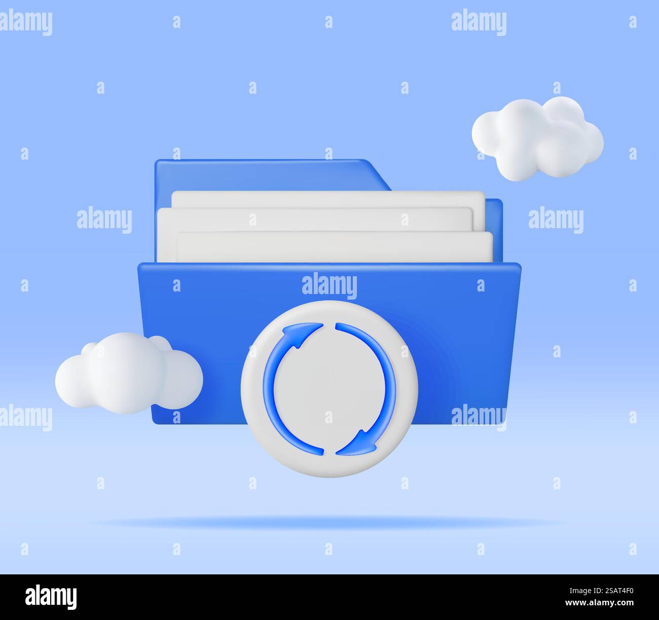 3D Blue Folder in Clouds with File Sync Icon Isolated. Render Computer File Folder with Synchronization Cloud. Data Center, Cloud Storage Concept. Online Backup. Internet Archive. Vector Illustration. 3D Blue Folder in Clouds with File Sync Icon Stock Vector